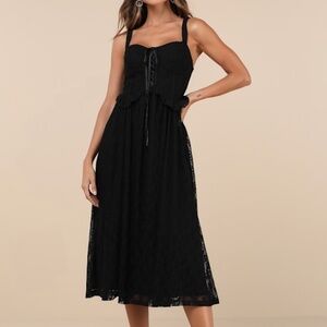 Lulus Romantic Black Lace Sleeveless Lace-up Corset Midi Dress - Size M